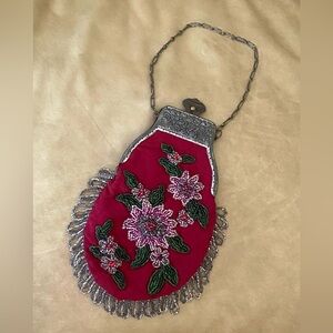 Antique Red Beaded Floral Hand Bag Early 1900’s